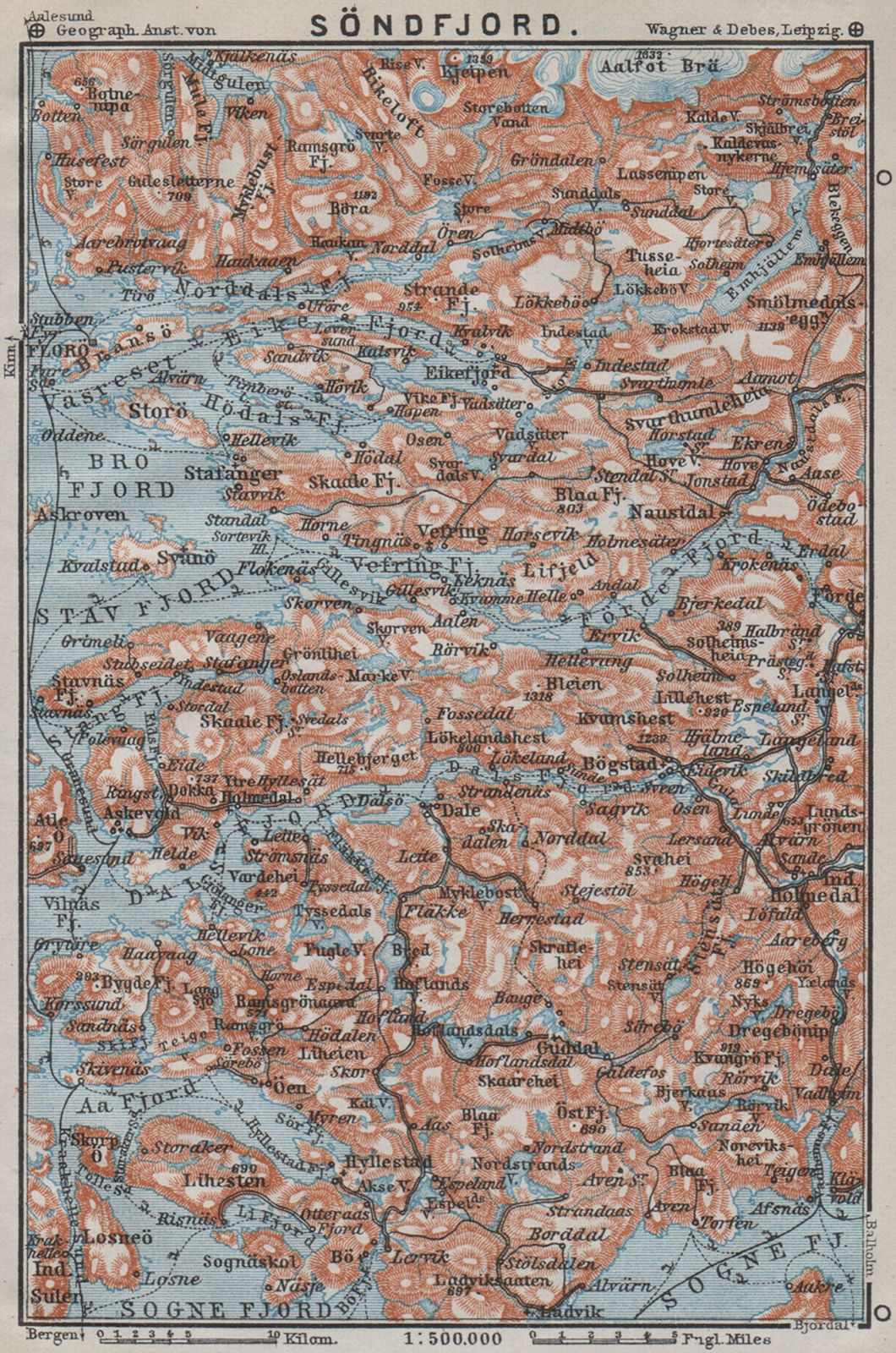 SOGN OG FJORDANE. Sondfjord Söndfjord. Floro. Topo-map. Norway kart 1909